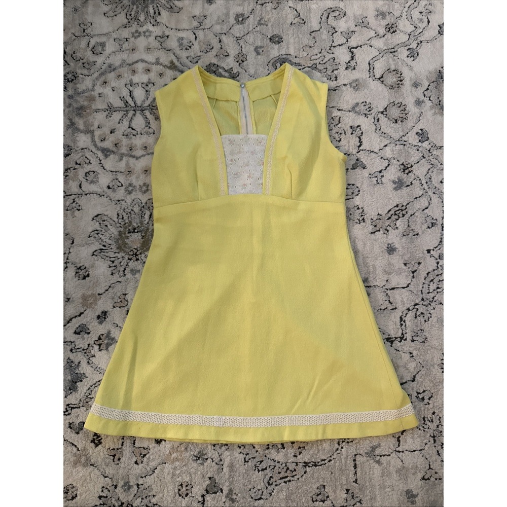 VTG 1970s Mod Shift Mini Dress S/M Bright Yellow Handmade